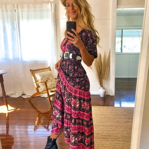 Boho Pink Floral Print Off Shoulder Midi Dress - Picture 10 of 14
